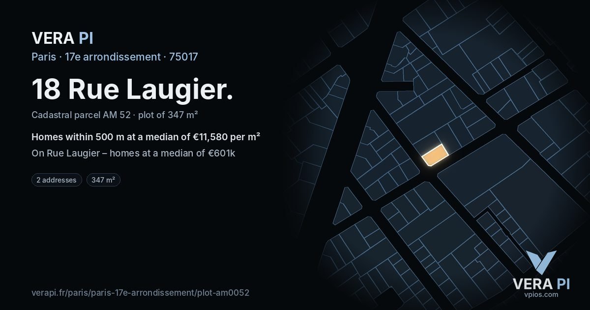 18 Rue Laugier, 17e arrondissement at night – the plot lit, the parcels around coloured by the prices near them