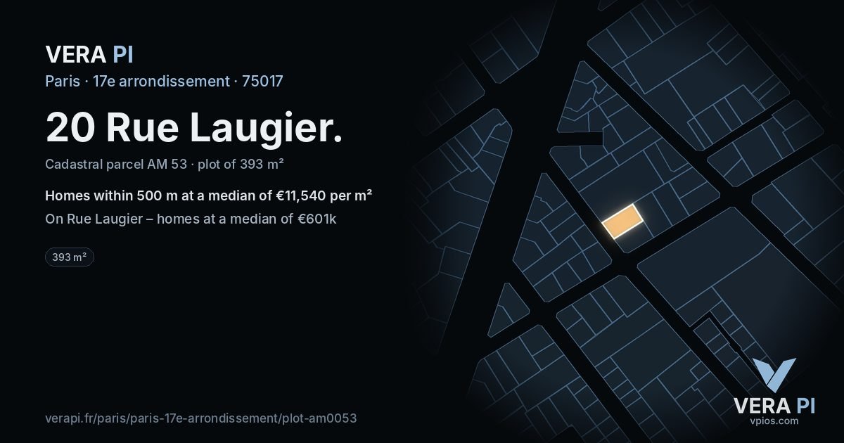 20 Rue Laugier, 17e arrondissement at night – the plot lit, the parcels around coloured by the prices near them