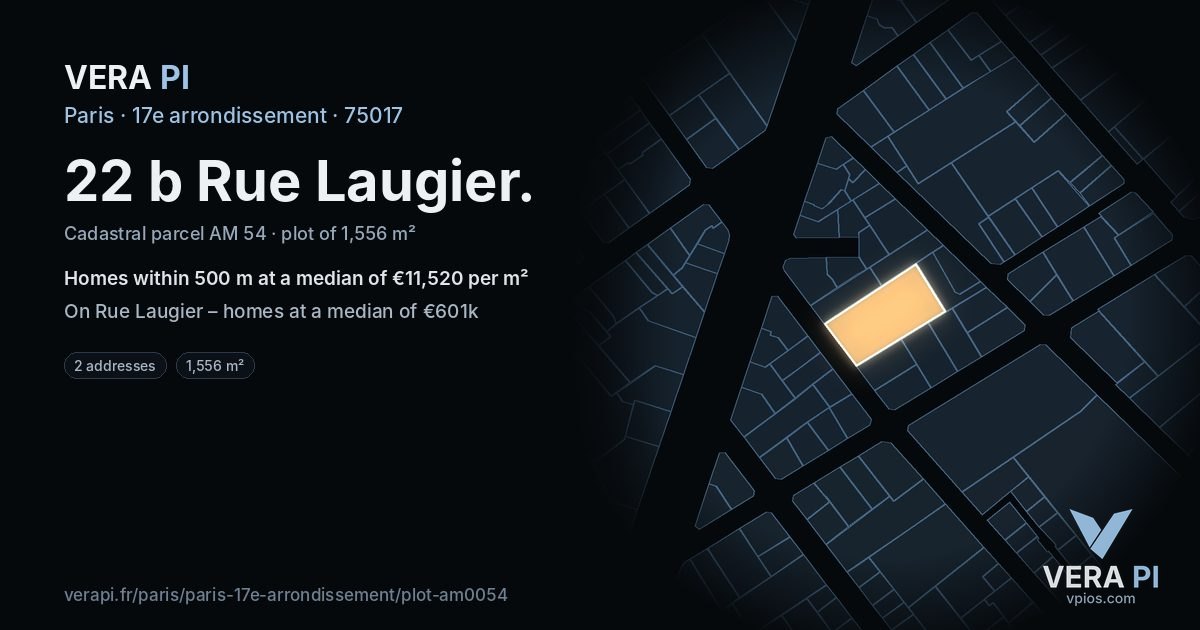22 b Rue Laugier, 17e arrondissement at night – the plot lit, the parcels around coloured by the prices near them