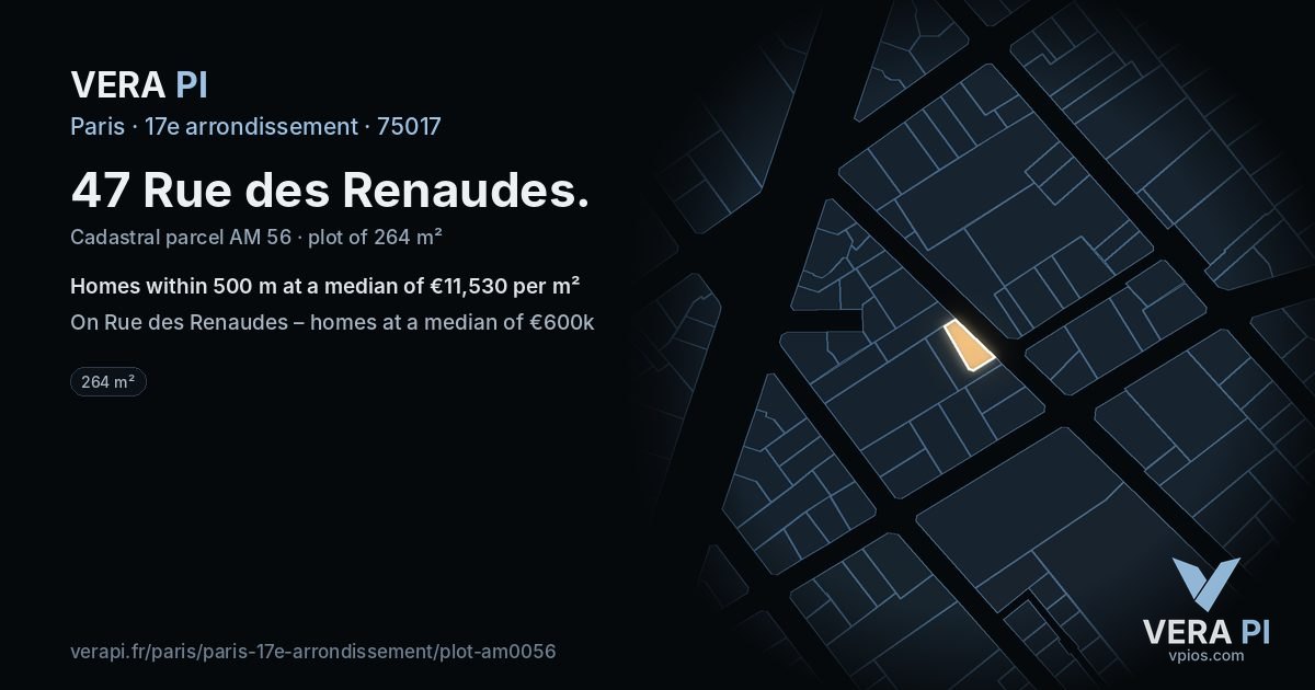 47 Rue des Renaudes, 17e arrondissement at night – the plot lit, the parcels around coloured by the prices near them