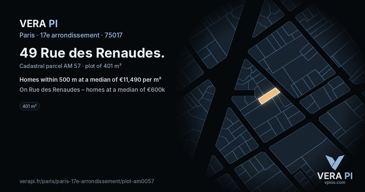 49 Rue des Renaudes, 17e arrondissement at night – the plot lit, the parcels around coloured by the prices near them
