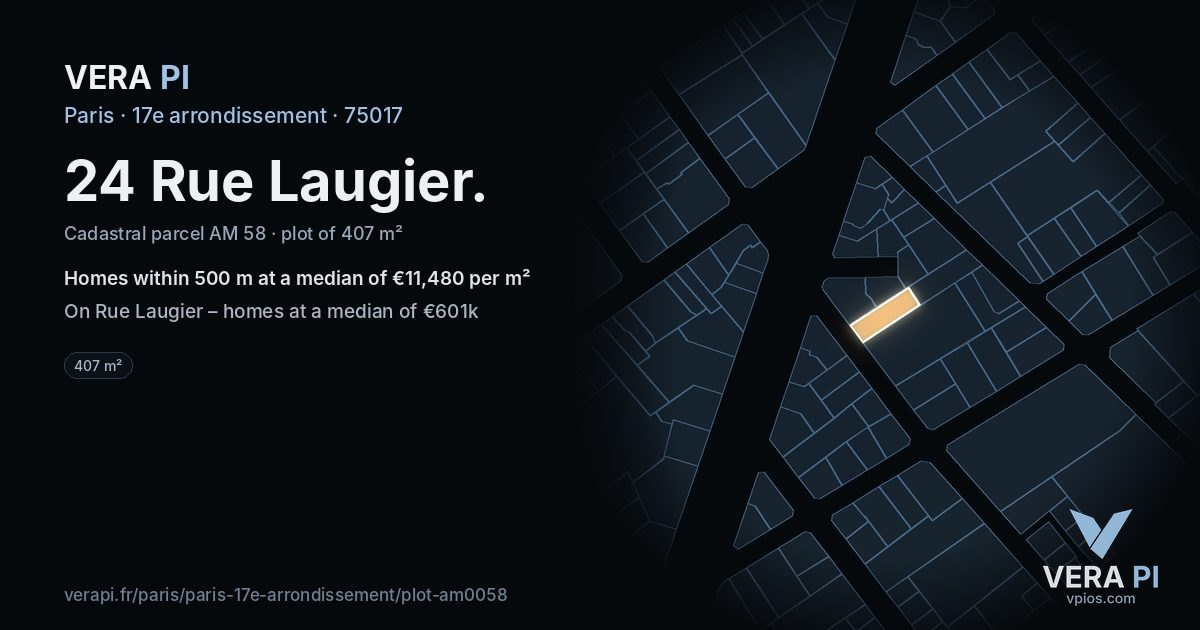 24 Rue Laugier, 17e arrondissement at night – the plot lit, the parcels around coloured by the prices near them