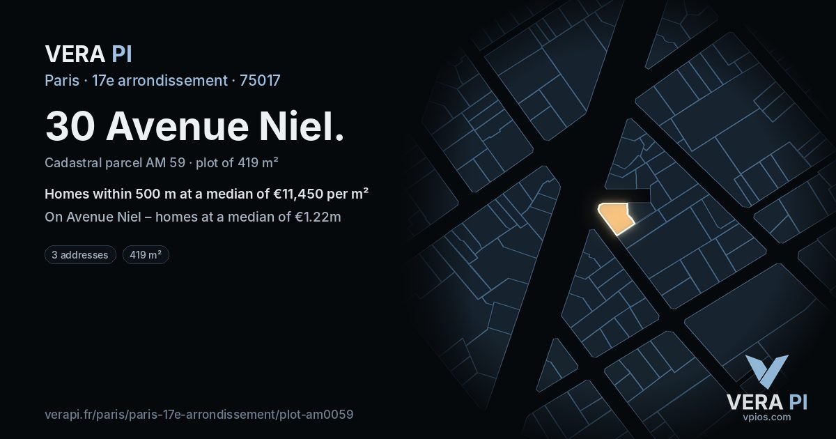 30 Avenue Niel, 17e arrondissement at night – the plot lit, the parcels around coloured by the prices near them