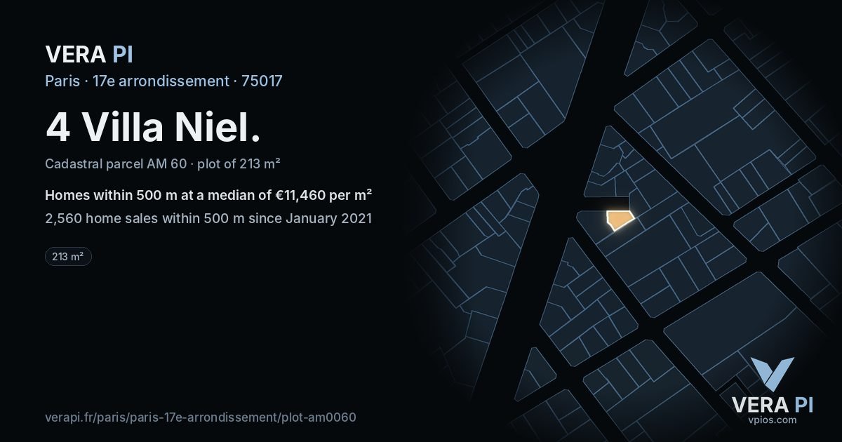 4 Villa Niel, 17e arrondissement at night – the plot lit, the parcels around coloured by the prices near them