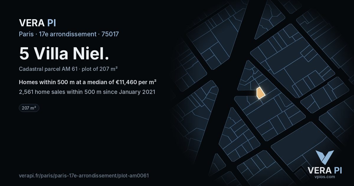 5 Villa Niel, 17e arrondissement at night – the plot lit, the parcels around coloured by the prices near them
