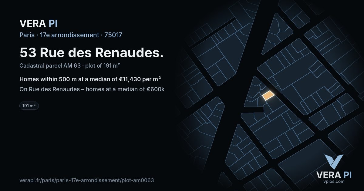 53 Rue des Renaudes, 17e arrondissement at night – the plot lit, the parcels around coloured by the prices near them