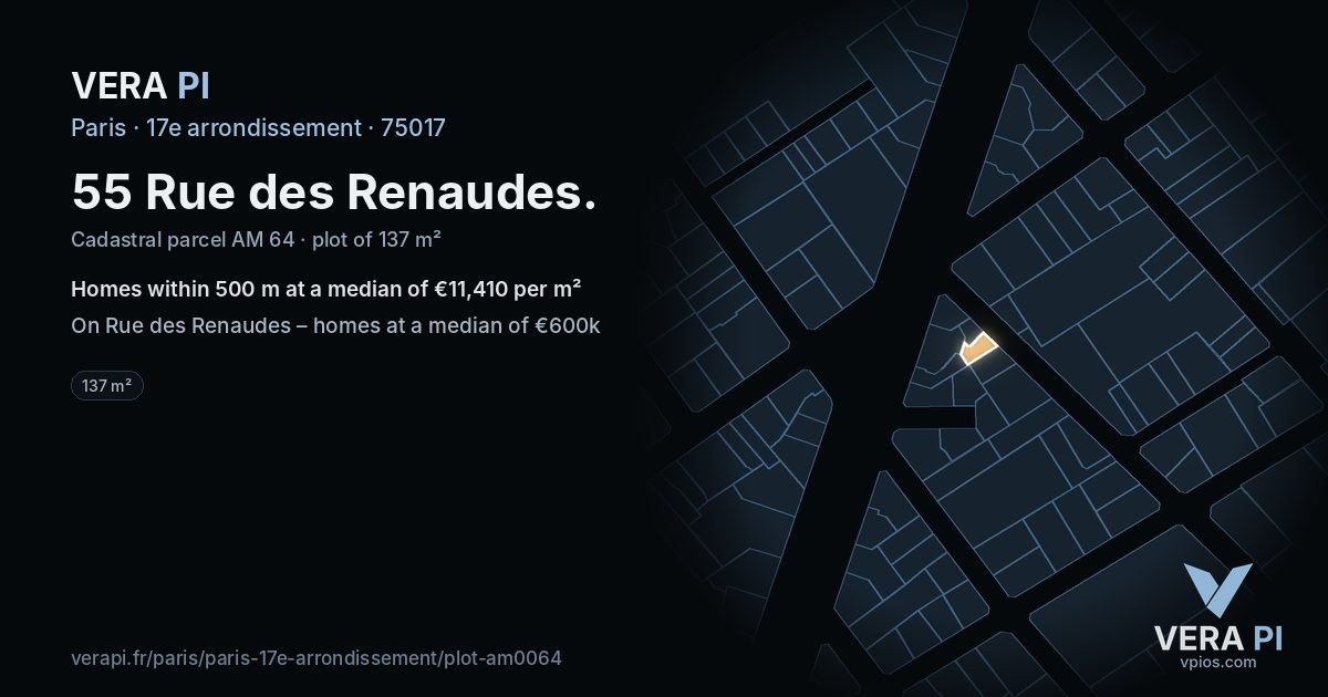 55 Rue des Renaudes, 17e arrondissement at night – the plot lit, the parcels around coloured by the prices near them