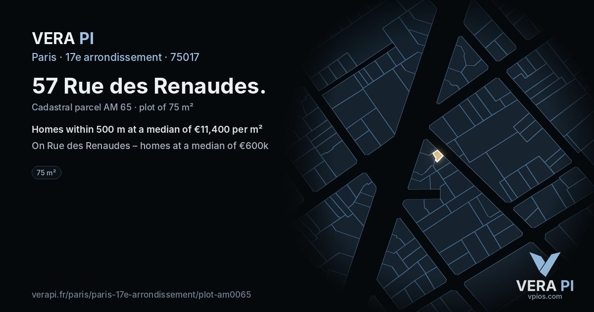 57 Rue des Renaudes, 17e arrondissement at night – the plot lit, the parcels around coloured by the prices near them