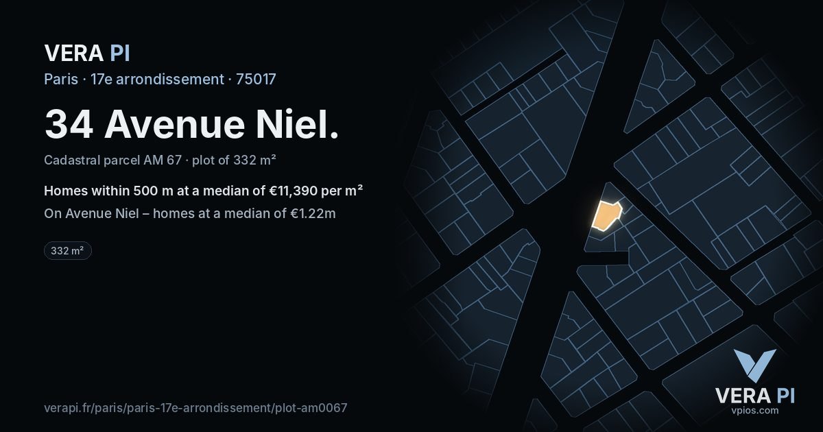 34 Avenue Niel, 17e arrondissement at night – the plot lit, the parcels around coloured by the prices near them