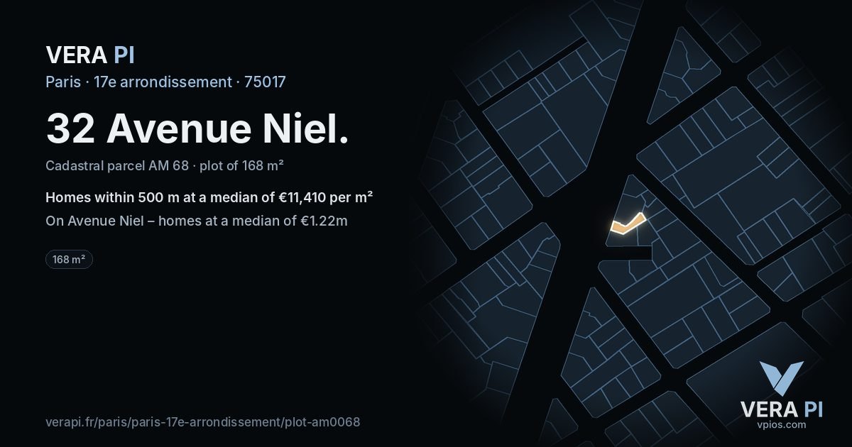 32 Avenue Niel, 17e arrondissement at night – the plot lit, the parcels around coloured by the prices near them