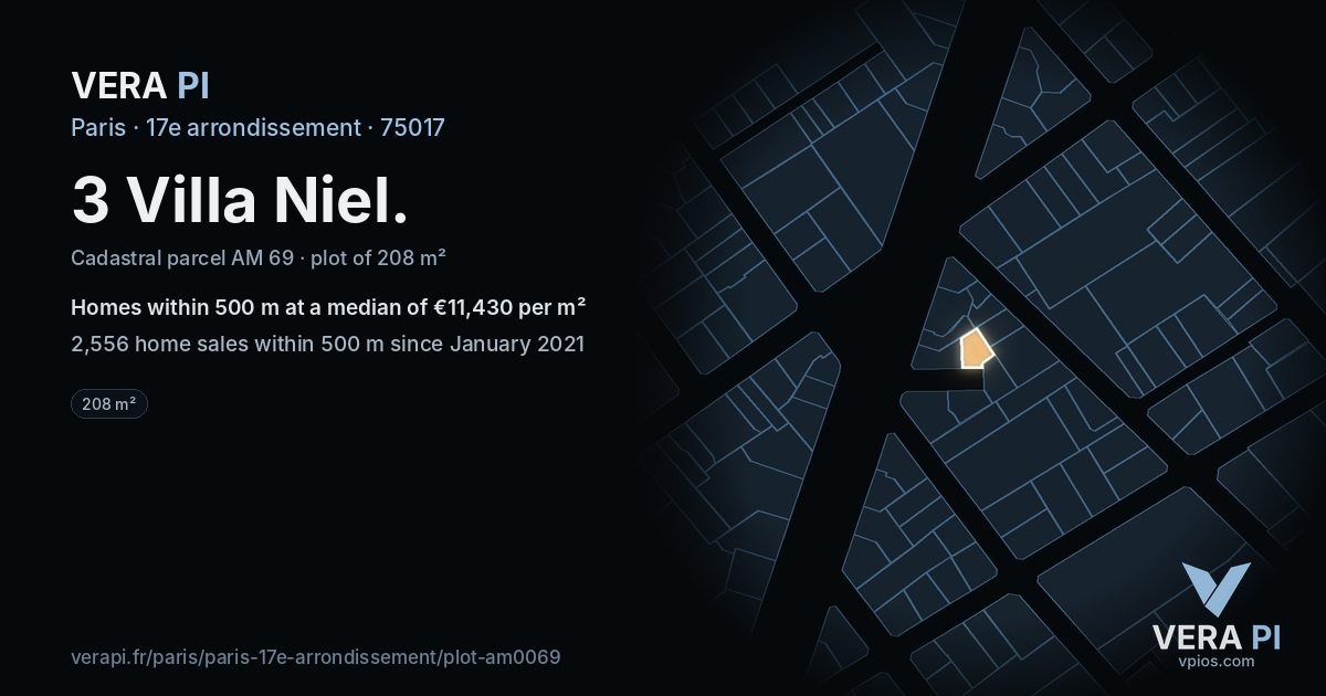 3 Villa Niel, 17e arrondissement at night – the plot lit, the parcels around coloured by the prices near them