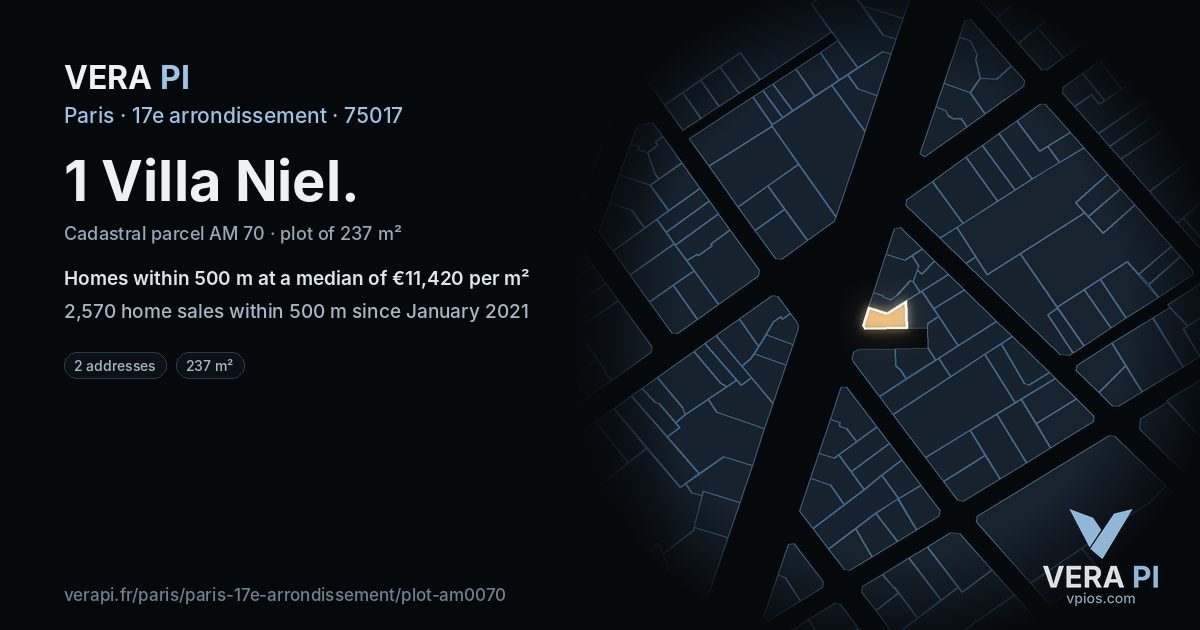 1 Villa Niel, 17e arrondissement at night – the plot lit, the parcels around coloured by the prices near them