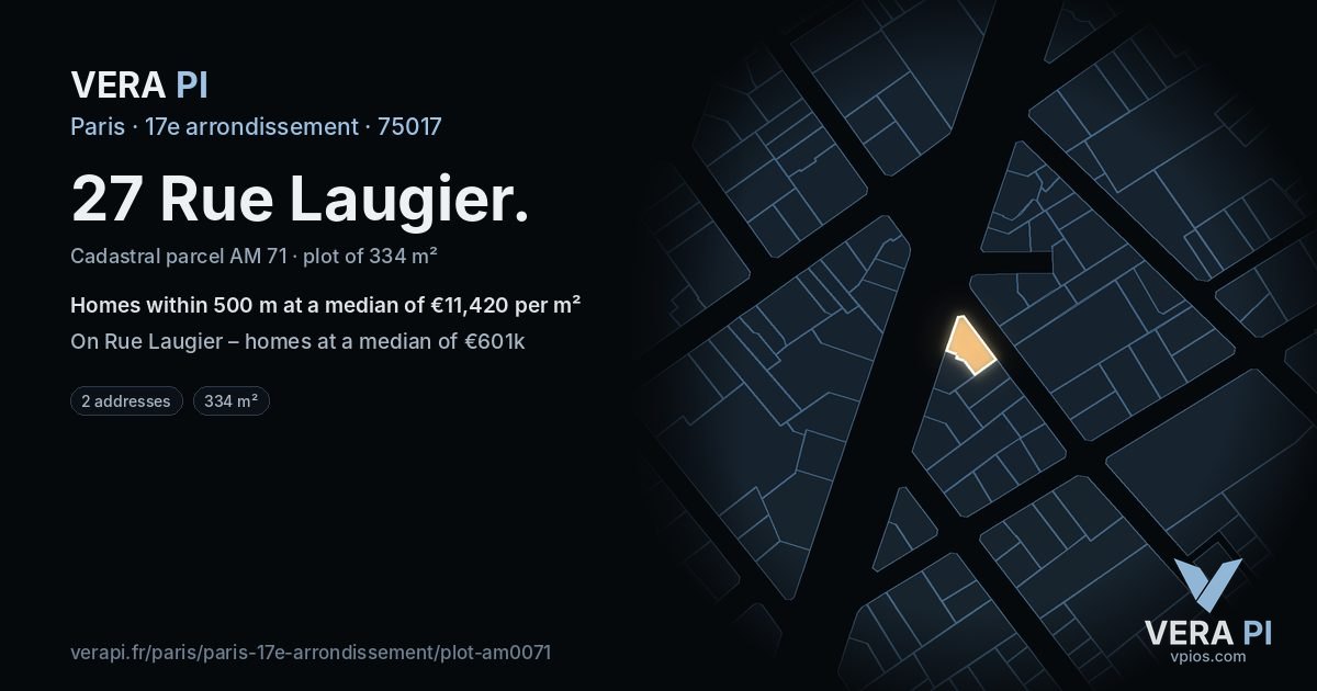 27 Rue Laugier, 17e arrondissement at night – the plot lit, the parcels around coloured by the prices near them