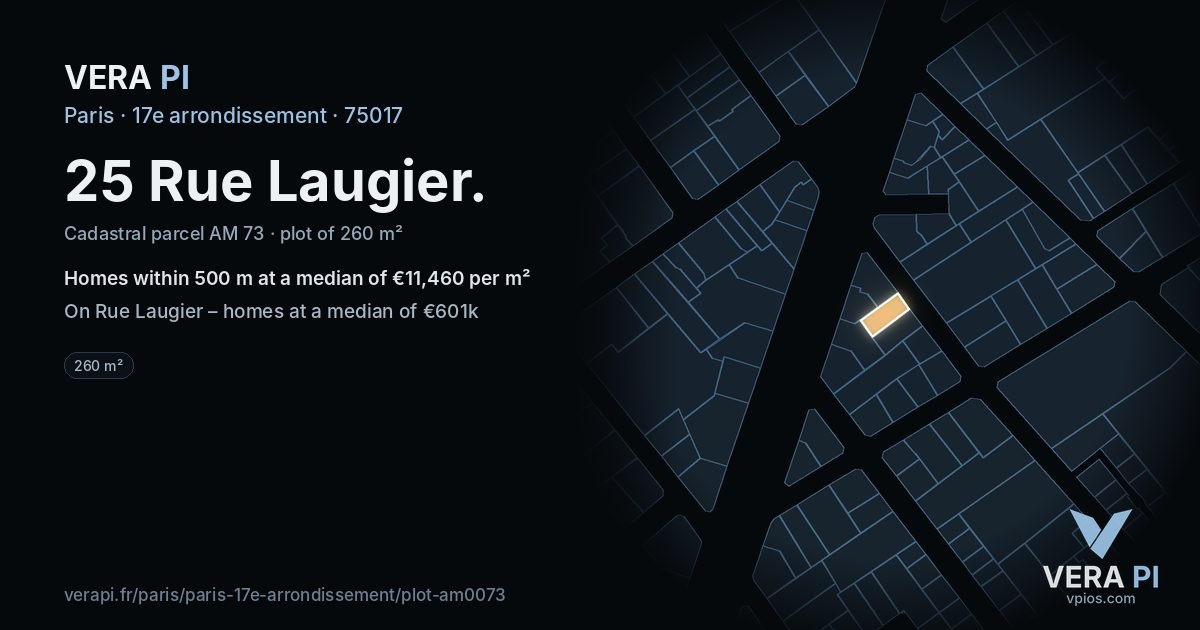 25 Rue Laugier, 17e arrondissement at night – the plot lit, the parcels around coloured by the prices near them