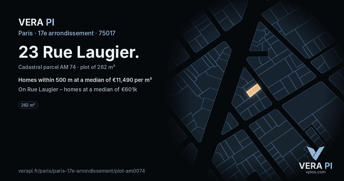 23 Rue Laugier, 17e arrondissement at night – the plot lit, the parcels around coloured by the prices near them