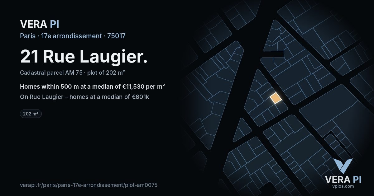 21 Rue Laugier, 17e arrondissement at night – the plot lit, the parcels around coloured by the prices near them