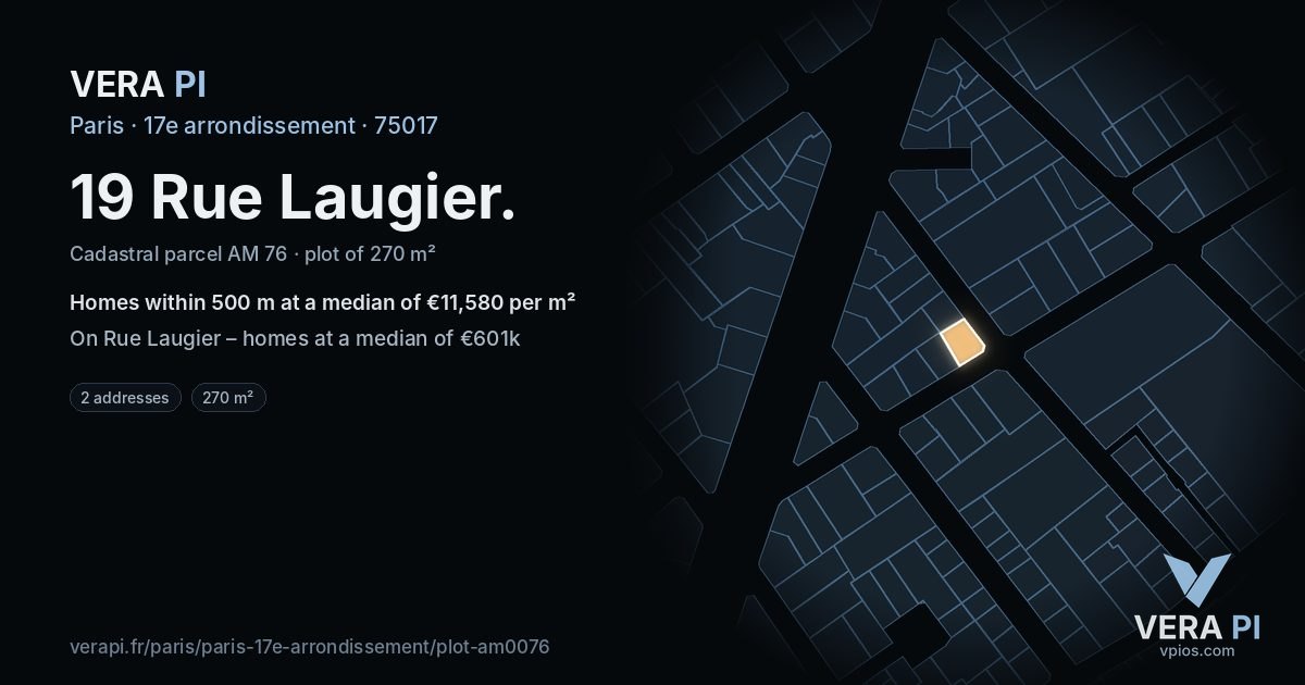 19 Rue Laugier, 17e arrondissement at night – the plot lit, the parcels around coloured by the prices near them