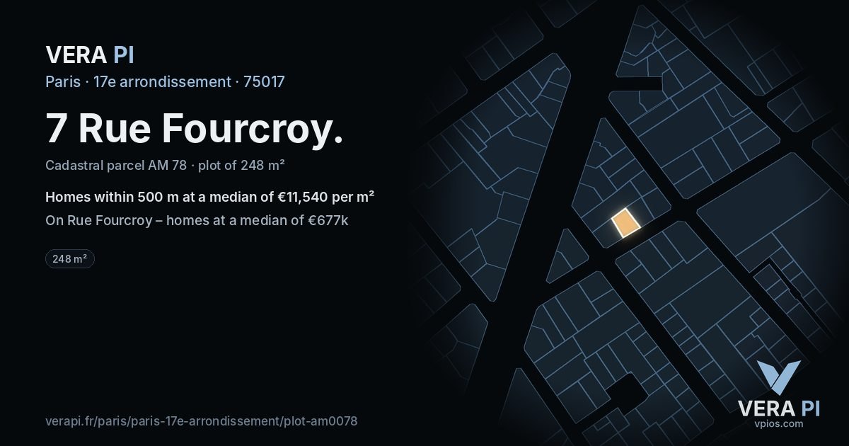 7 Rue Fourcroy, 17e arrondissement at night – the plot lit, the parcels around coloured by the prices near them