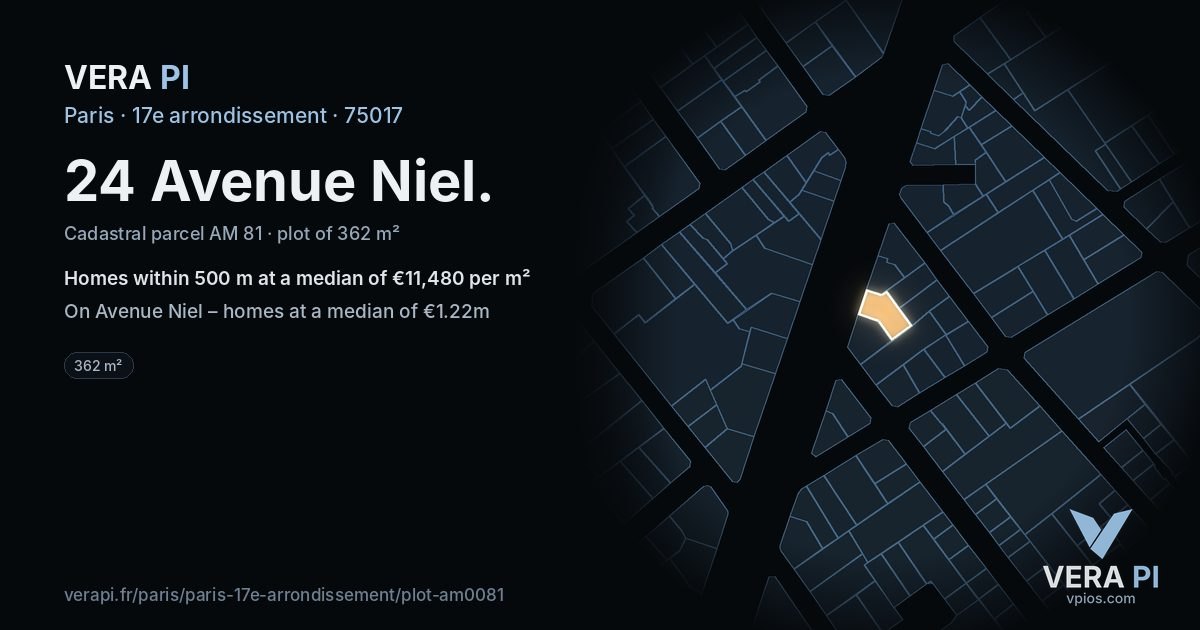 24 Avenue Niel, 17e arrondissement at night – the plot lit, the parcels around coloured by the prices near them