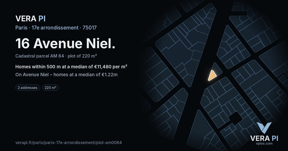 16 Avenue Niel, 17e arrondissement at night – the plot lit, the parcels around coloured by the prices near them