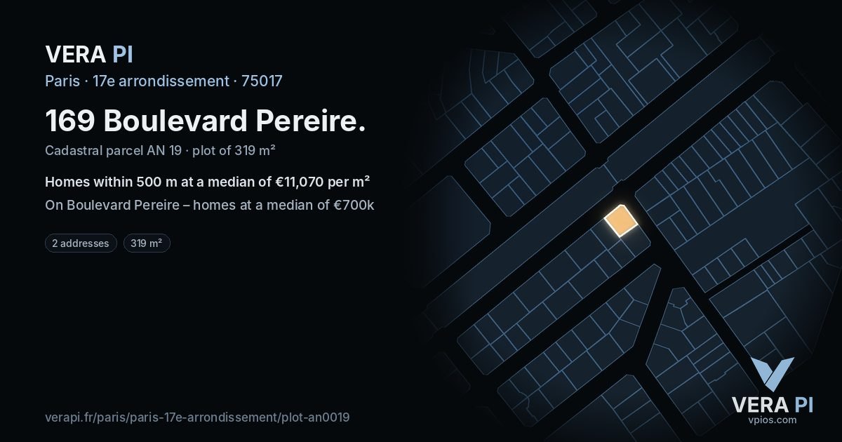169 Boulevard Pereire, 17e arrondissement at night – the plot lit, the parcels around coloured by the prices near them