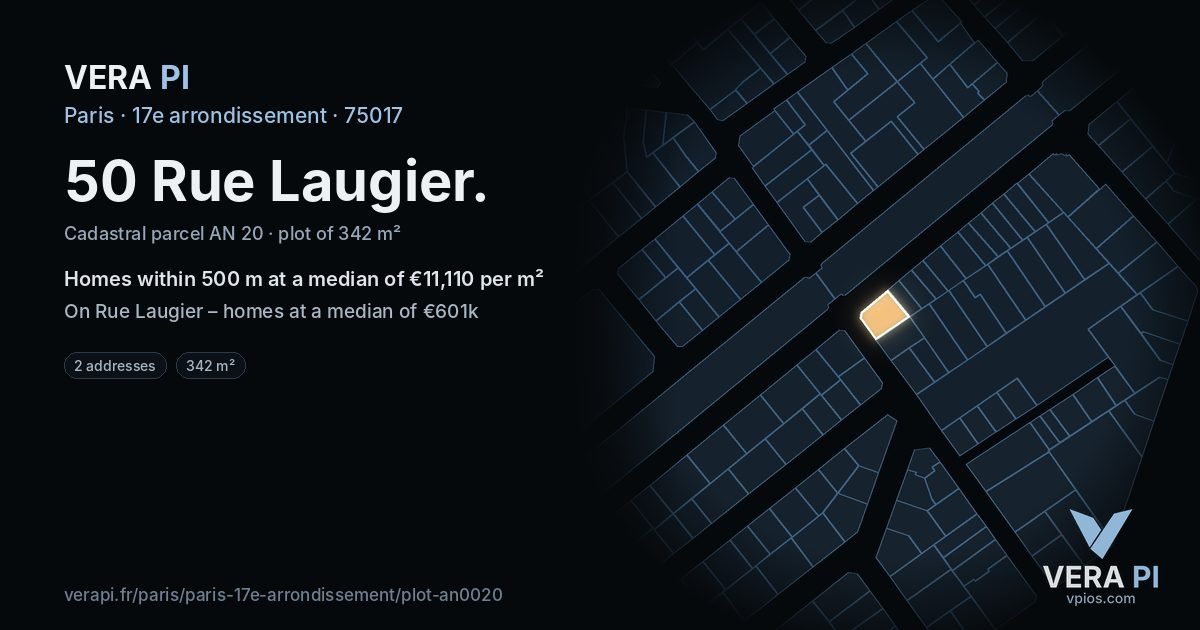 50 Rue Laugier, 17e arrondissement at night – the plot lit, the parcels around coloured by the prices near them