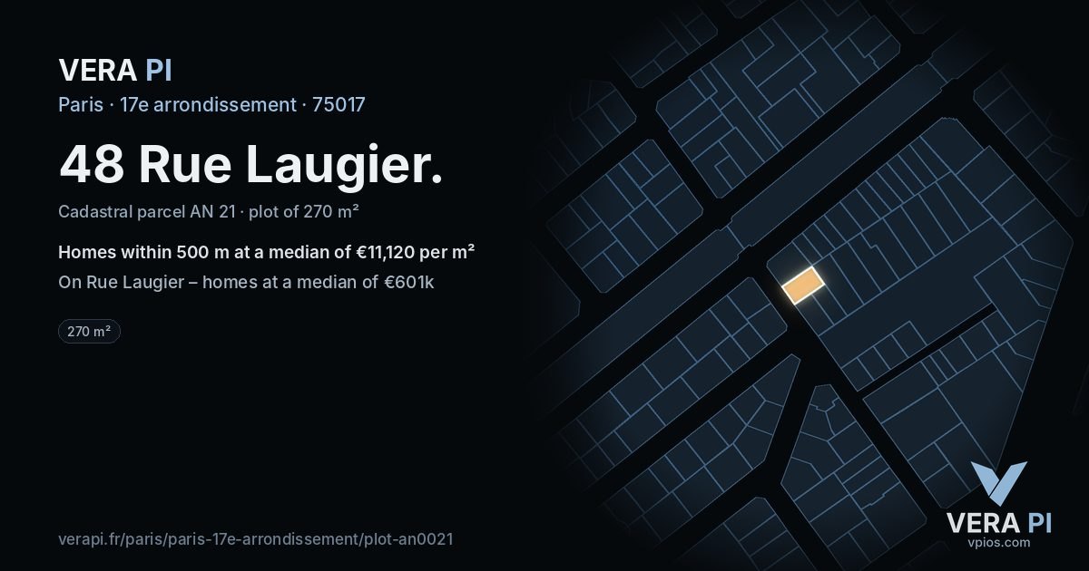 48 Rue Laugier, 17e arrondissement at night – the plot lit, the parcels around coloured by the prices near them