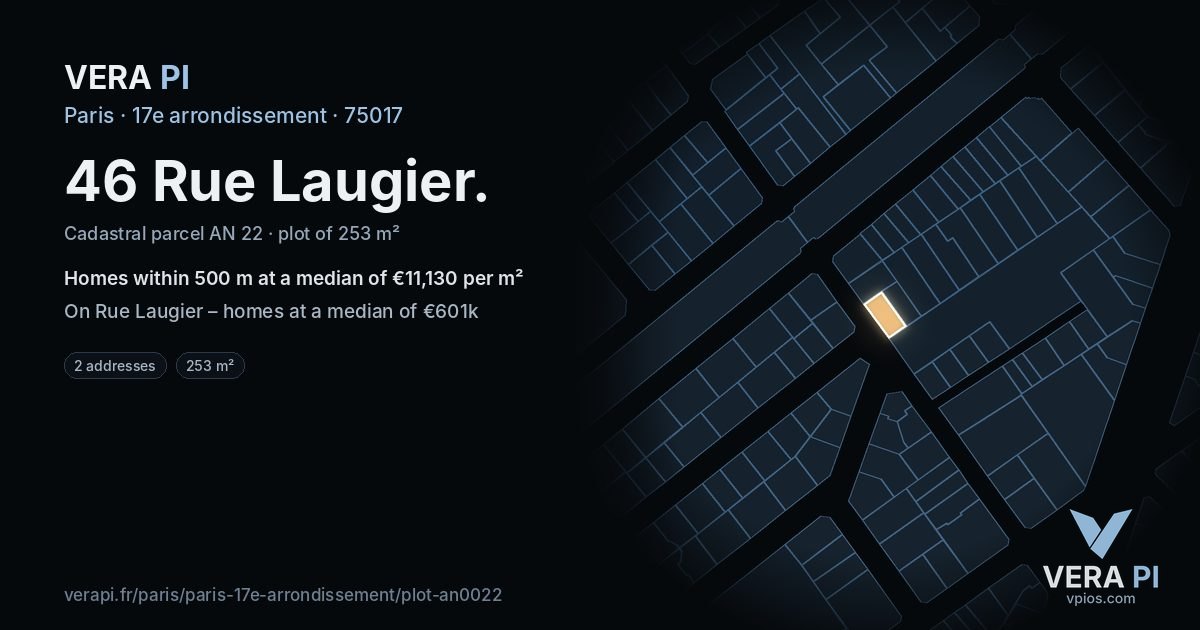 46 Rue Laugier, 17e arrondissement at night – the plot lit, the parcels around coloured by the prices near them