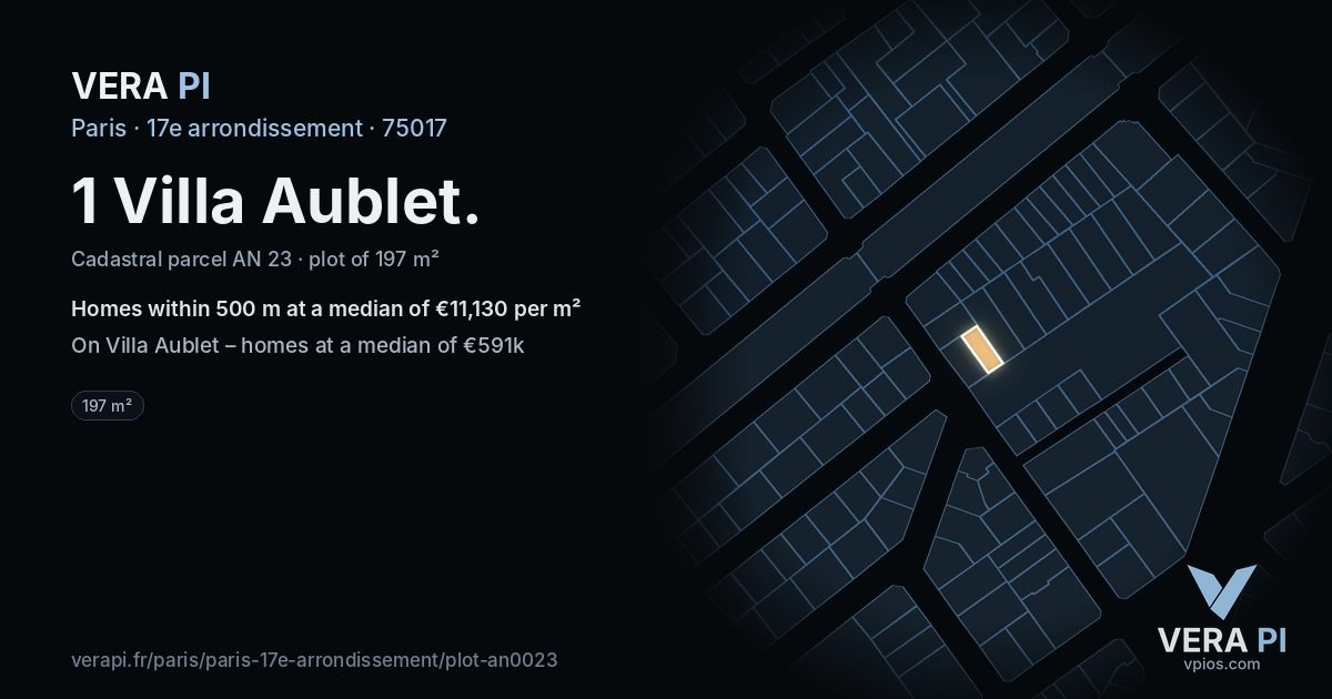 1 Villa Aublet, 17e arrondissement at night – the plot lit, the parcels around coloured by the prices near them