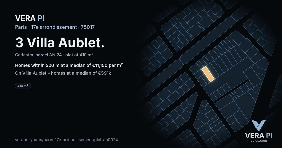 3 Villa Aublet, 17e arrondissement at night – the plot lit, the parcels around coloured by the prices near them