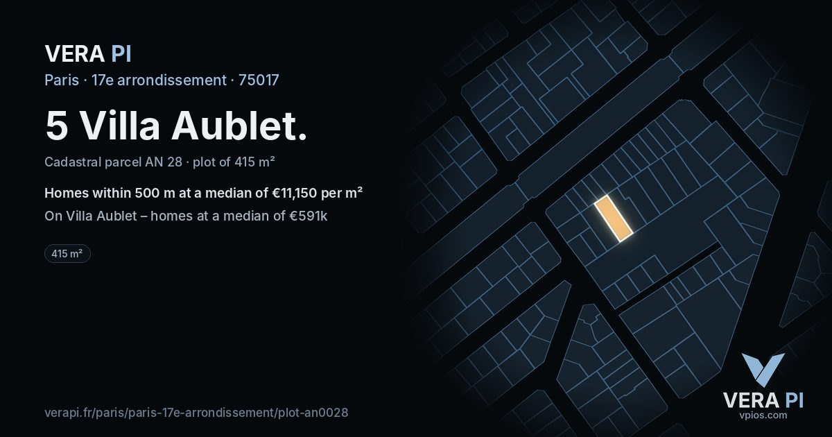 5 Villa Aublet, 17e arrondissement at night – the plot lit, the parcels around coloured by the prices near them