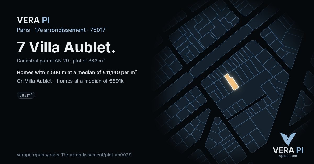 7 Villa Aublet, 17e arrondissement at night – the plot lit, the parcels around coloured by the prices near them
