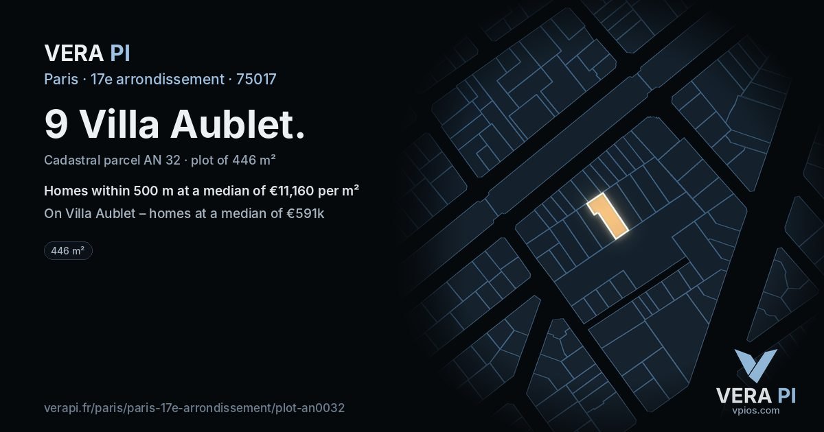 9 Villa Aublet, 17e arrondissement at night – the plot lit, the parcels around coloured by the prices near them