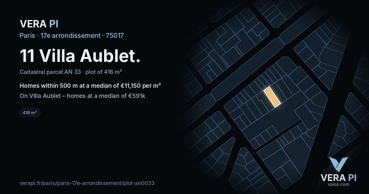 11 Villa Aublet, 17e arrondissement at night – the plot lit, the parcels around coloured by the prices near them