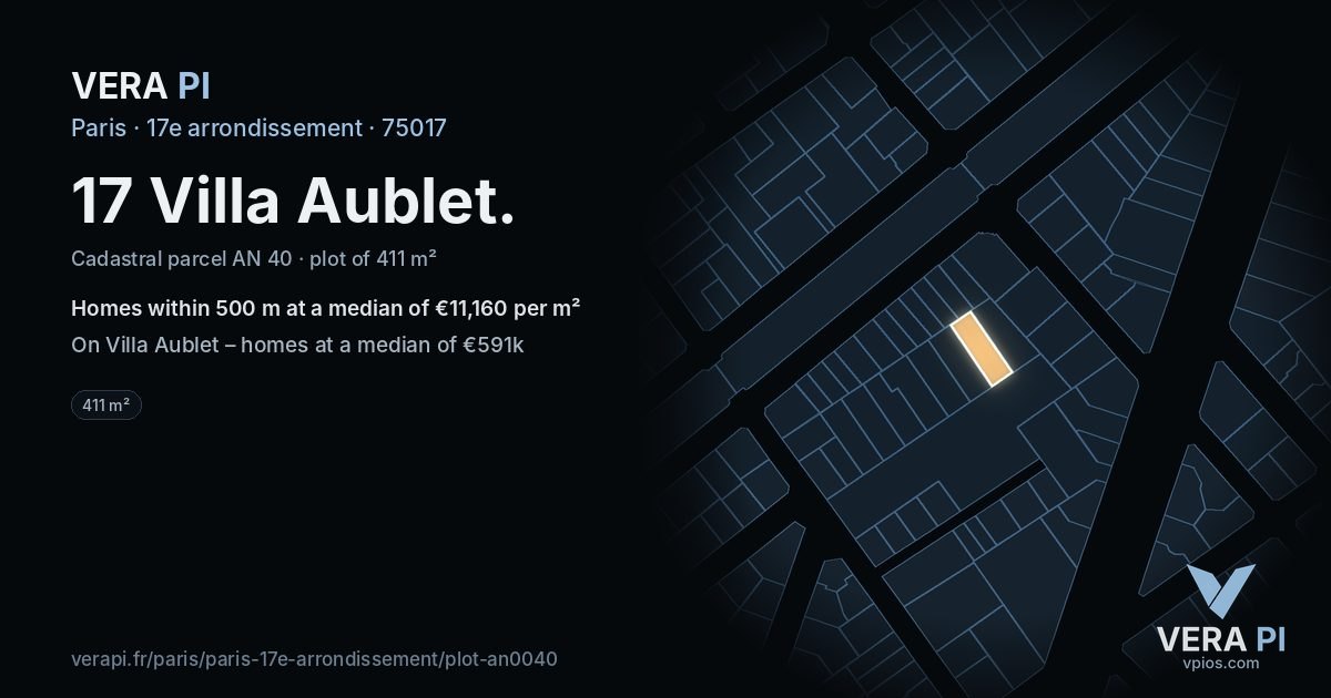 17 Villa Aublet, 17e arrondissement at night – the plot lit, the parcels around coloured by the prices near them