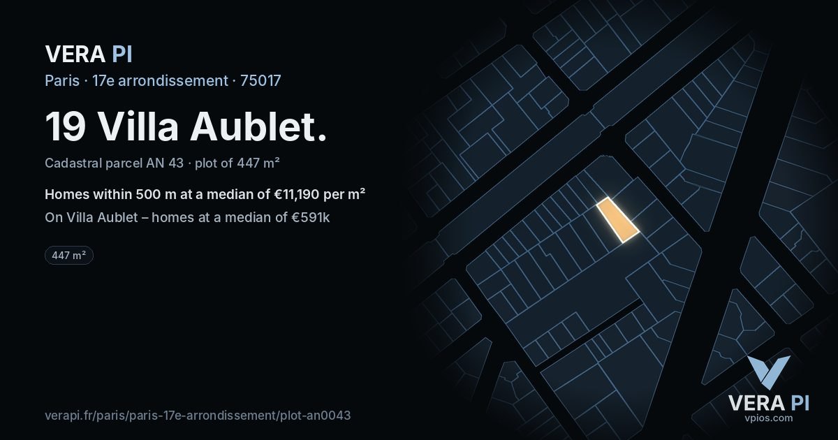 19 Villa Aublet, 17e arrondissement at night – the plot lit, the parcels around coloured by the prices near them