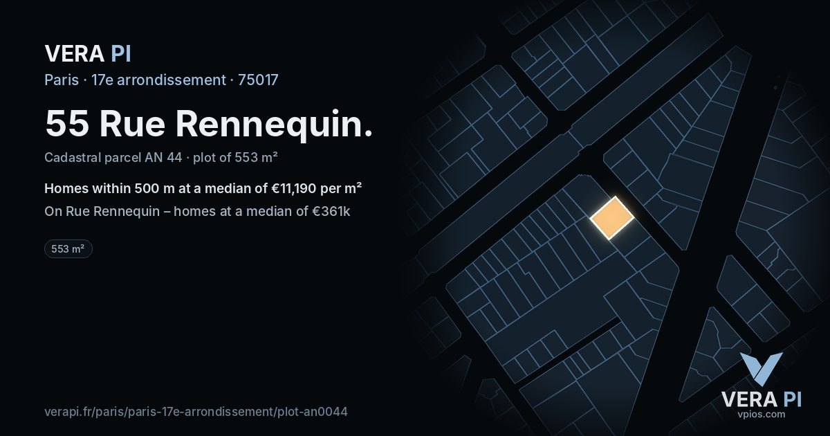 55 Rue Rennequin, 17e arrondissement at night – the plot lit, the parcels around coloured by the prices near them