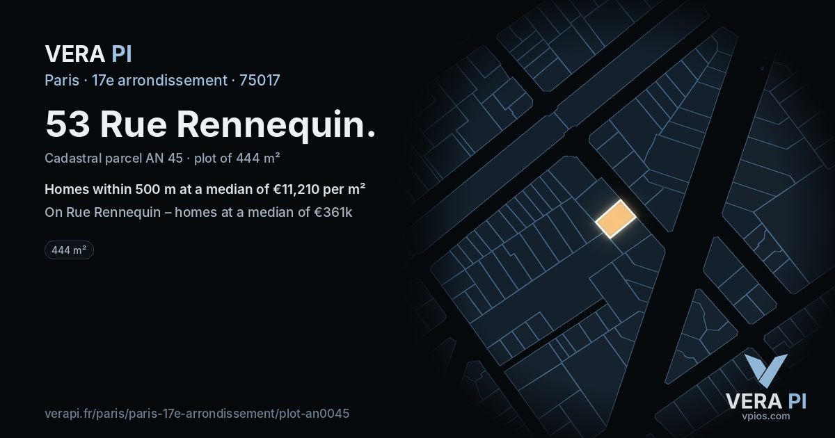 53 Rue Rennequin, 17e arrondissement at night – the plot lit, the parcels around coloured by the prices near them