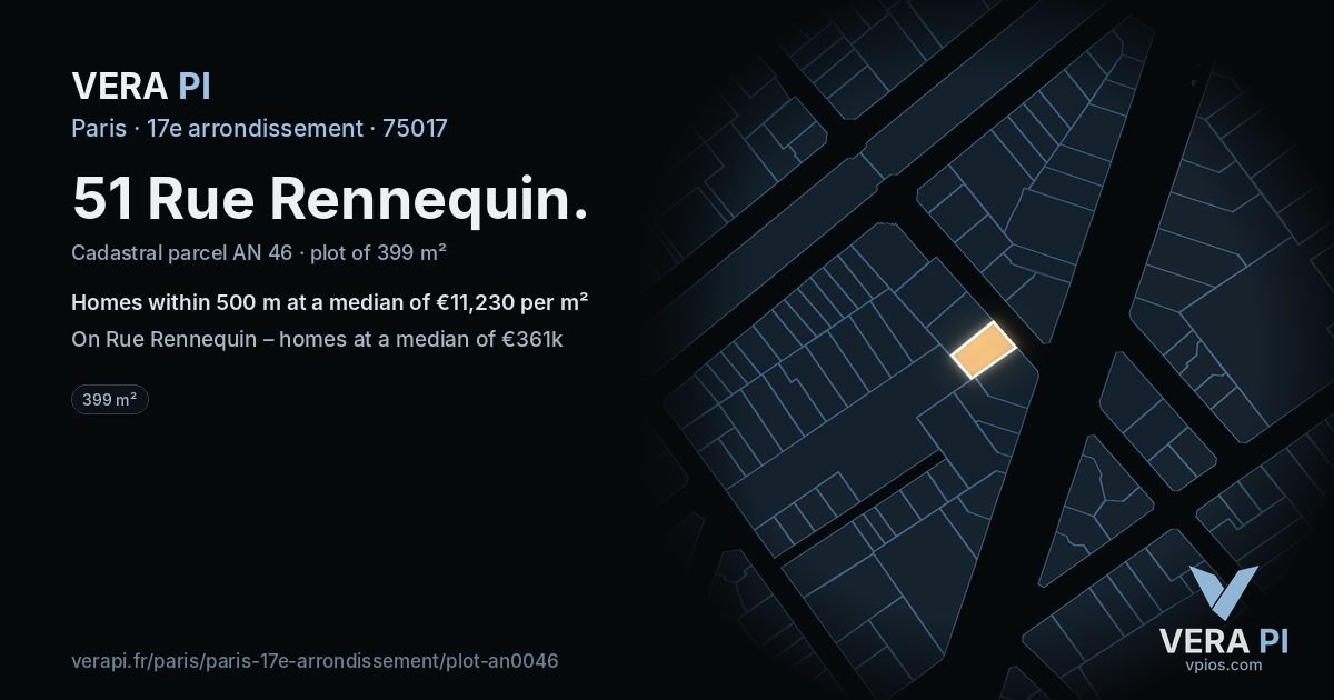 51 Rue Rennequin, 17e arrondissement at night – the plot lit, the parcels around coloured by the prices near them