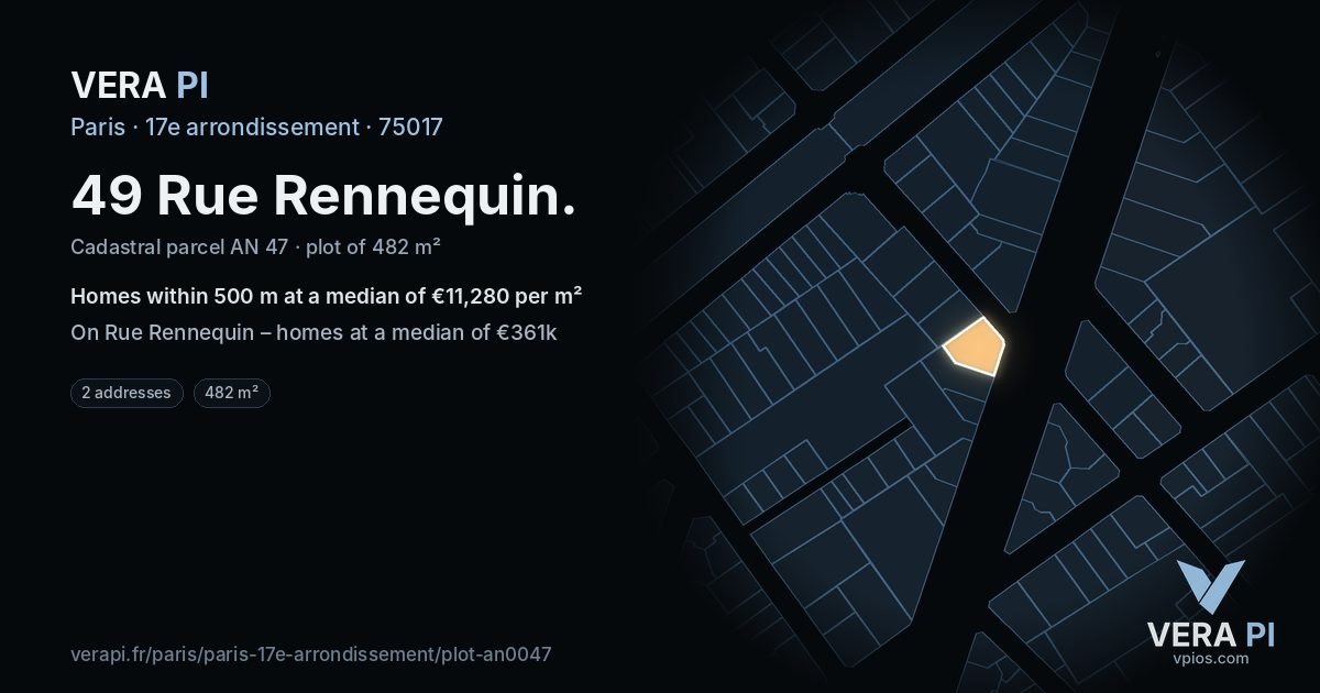 49 Rue Rennequin, 17e arrondissement at night – the plot lit, the parcels around coloured by the prices near them