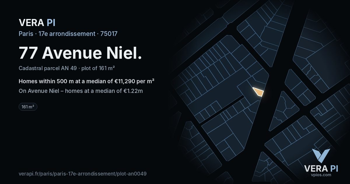 77 Avenue Niel, 17e arrondissement at night – the plot lit, the parcels around coloured by the prices near them
