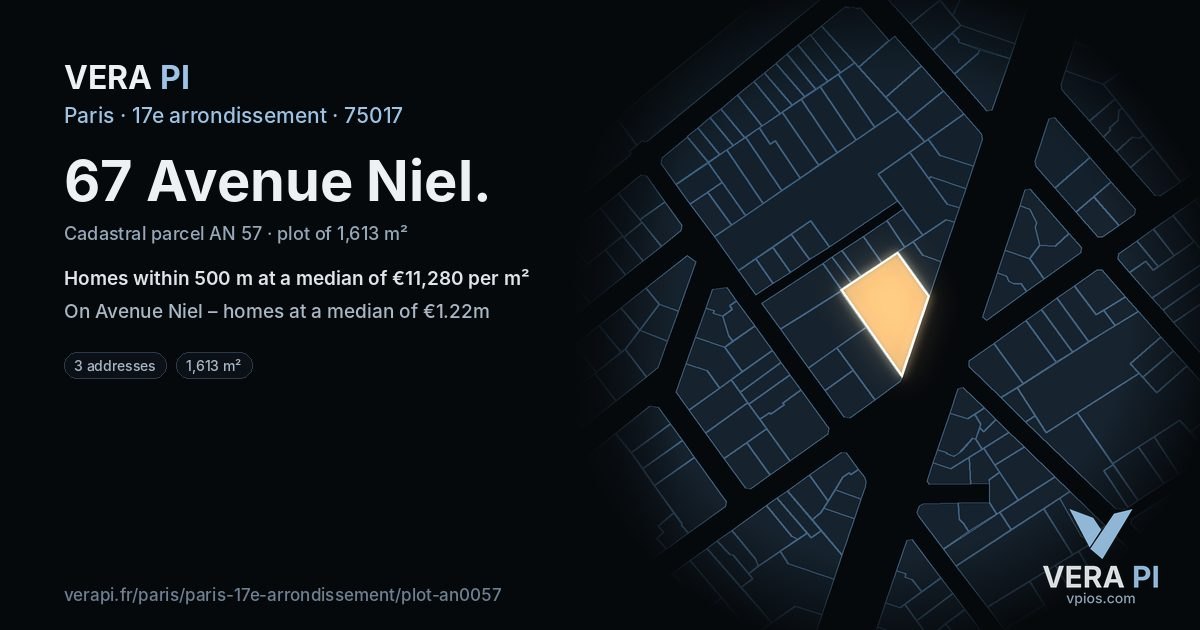67 Avenue Niel, 17e arrondissement at night – the plot lit, the parcels around coloured by the prices near them