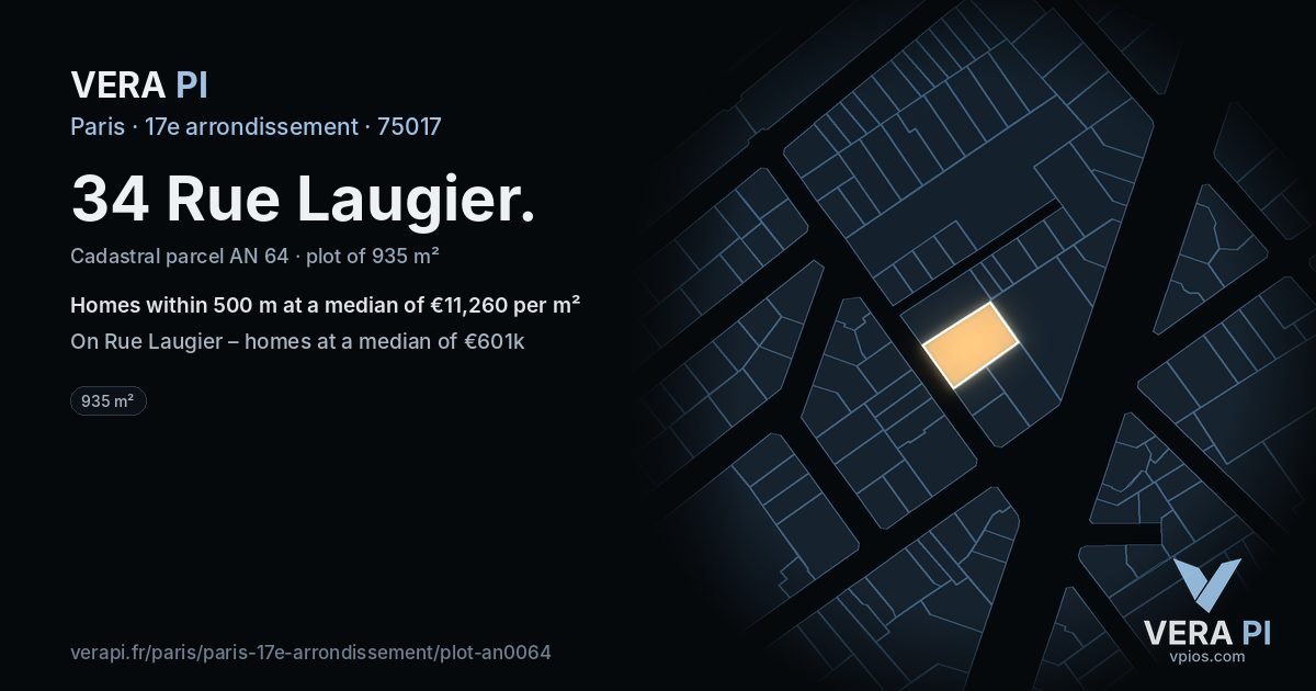 34 Rue Laugier, 17e arrondissement at night – the plot lit, the parcels around coloured by the prices near them