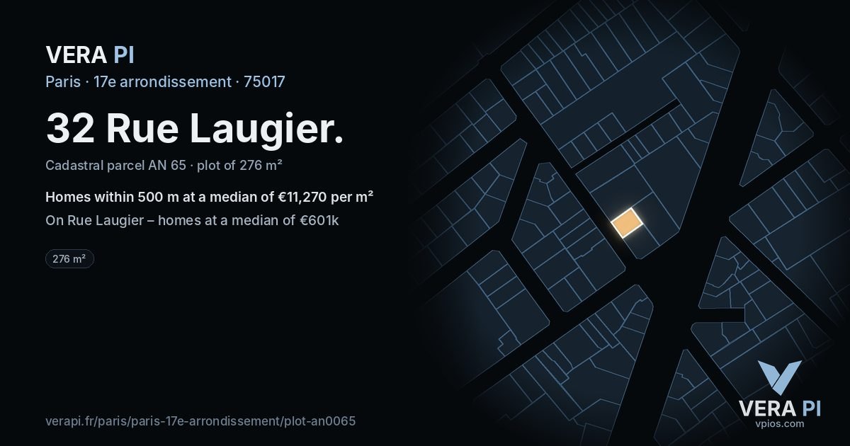 32 Rue Laugier, 17e arrondissement at night – the plot lit, the parcels around coloured by the prices near them