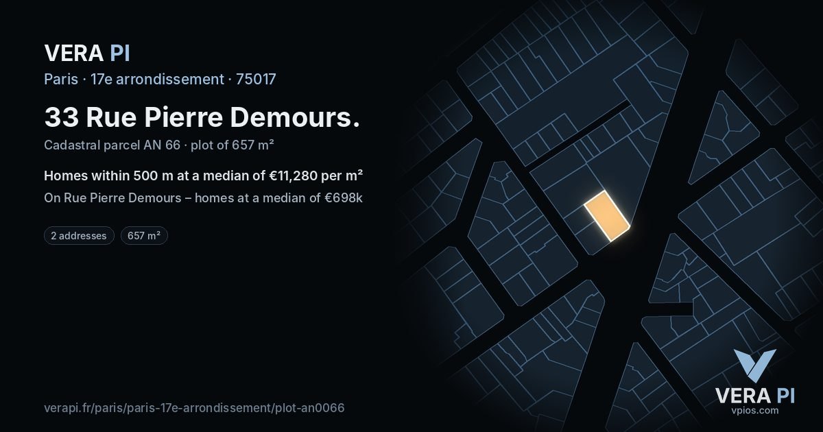 33 Rue Pierre Demours, 17e arrondissement at night – the plot lit, the parcels around coloured by the prices near them