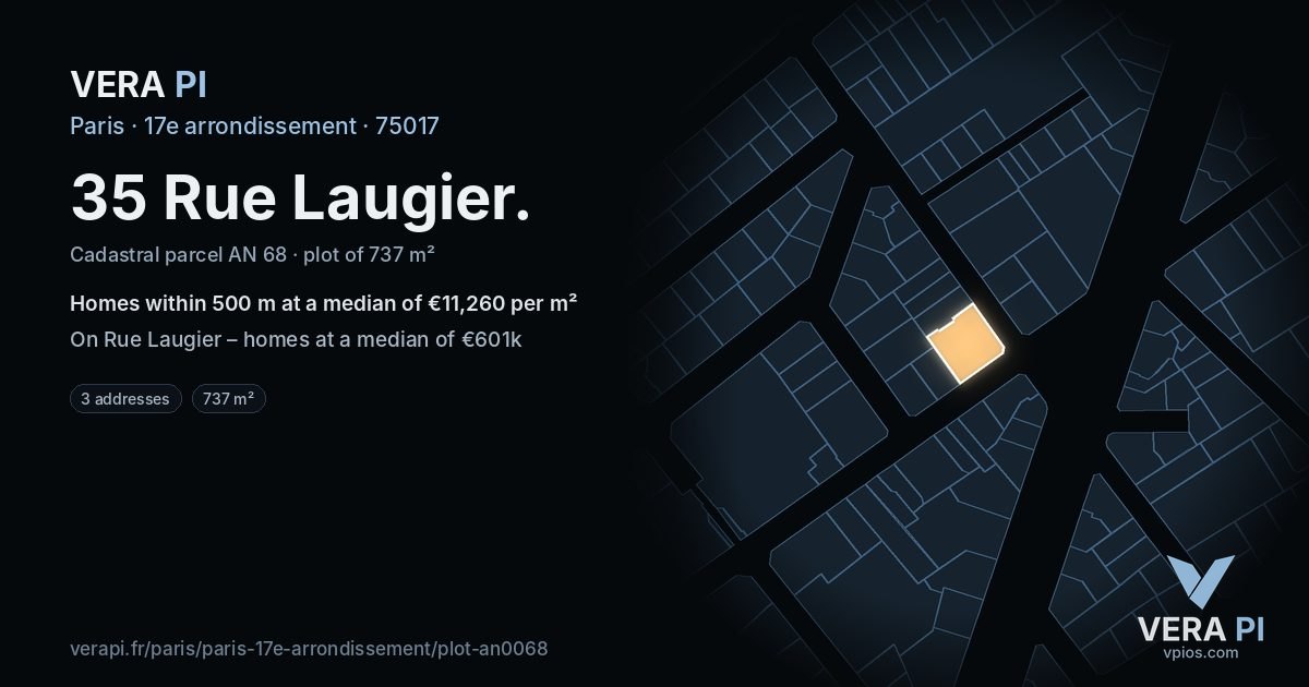 35 Rue Laugier, 17e arrondissement at night – the plot lit, the parcels around coloured by the prices near them