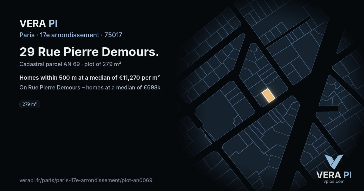 29 Rue Pierre Demours, 17e arrondissement at night – the plot lit, the parcels around coloured by the prices near them