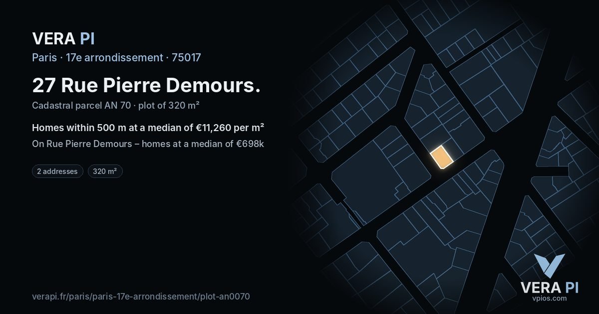27 Rue Pierre Demours, 17e arrondissement at night – the plot lit, the parcels around coloured by the prices near them