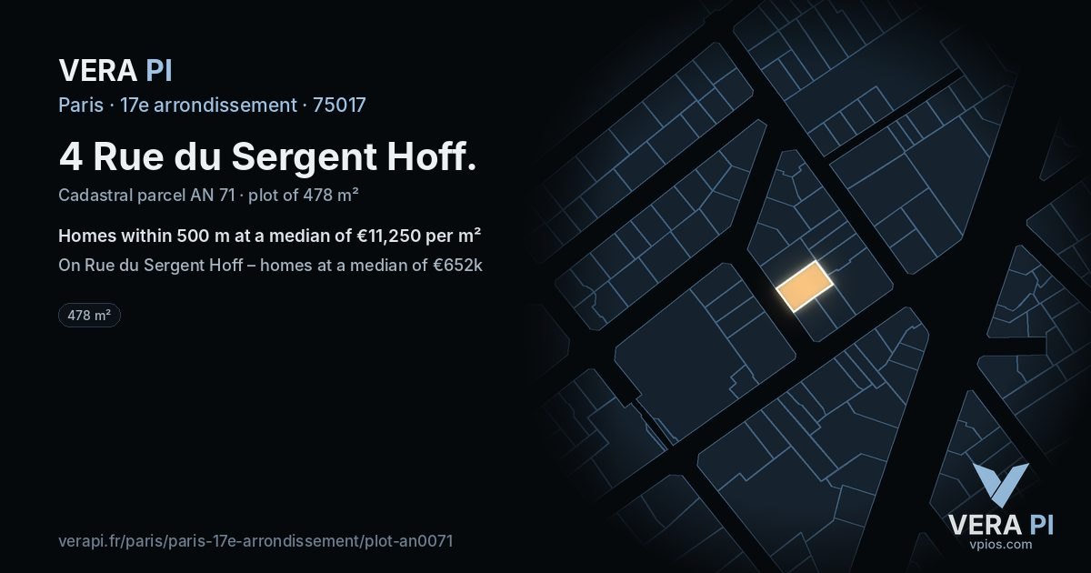 4 Rue du Sergent Hoff, 17e arrondissement at night – the plot lit, the parcels around coloured by the prices near them