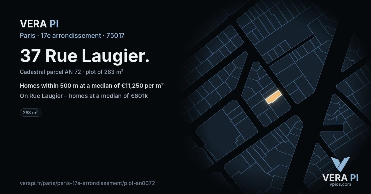 37 Rue Laugier, 17e arrondissement at night – the plot lit, the parcels around coloured by the prices near them